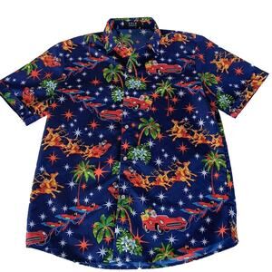 SSLR Collection Hawaiian Shirt Men's Christmas Santa Claus Print Blue Medium